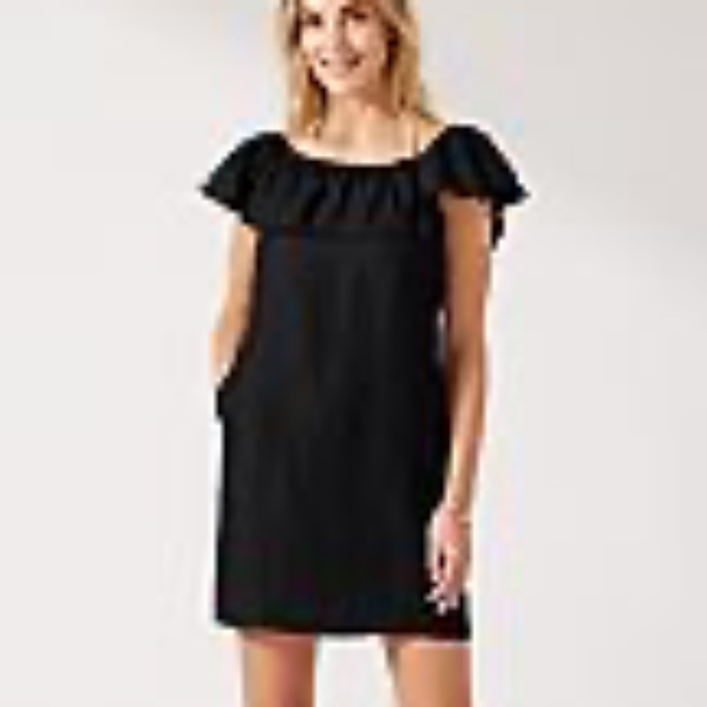 Tommy Bahama linen blend off the shoulder dress in black. Size. Large. NWT.